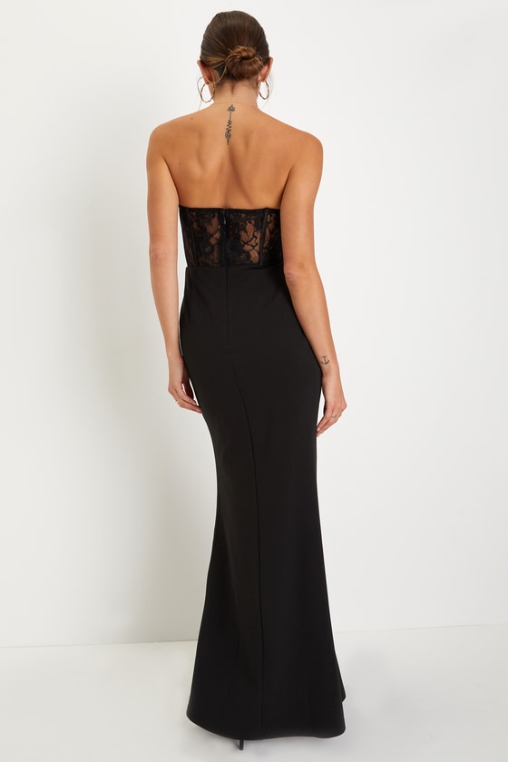 Sultry Persona Black Lace Strapless Bustier Mermaid Maxi Dress - thumbnail 4
