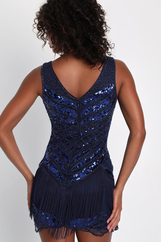 Navy Luxe Fringe Embellished Short Dress