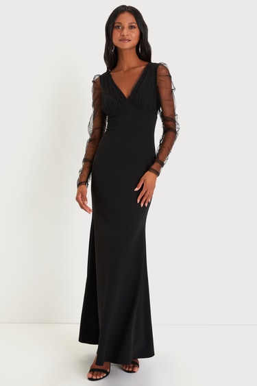 Black Tulle Long Sleeve Mermaid Maxi Dress | Womens | X-Small (Available in M, L) | 100% Polyester | Lulus | Holiday Dresses | Prom