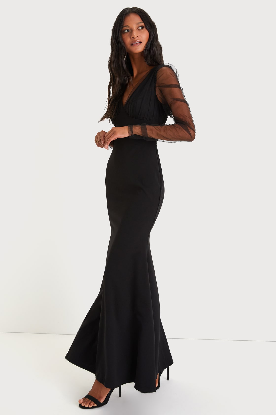 Red Carpet Energy Black Tulle Long Sleeve Mermaid Maxi Dress