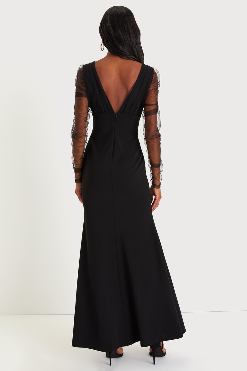 Red Carpet Energy Black Tulle Long Sleeve Mermaid Maxi Dress