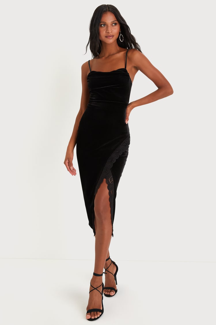 chinese dress ladies Black Sleeveless Velvet Dress with Lace Collar Detail – Rodarte main image 1