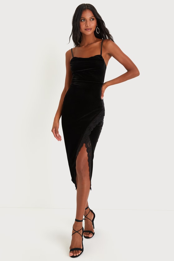 Chic Black Velvet Dress - Lace Tulip Dress - Cowl Neck Midi Dress - Lulus