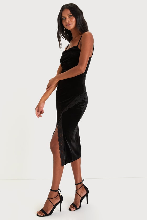Chic Black Velvet Dress - Lace Tulip Dress - Cowl Neck Midi Dress - Lulus
