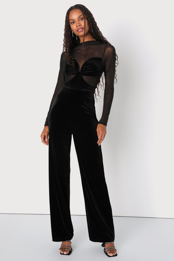 Edgy Charisma Black Mesh Velvet Cutout Long Sleeve Jumpsuit