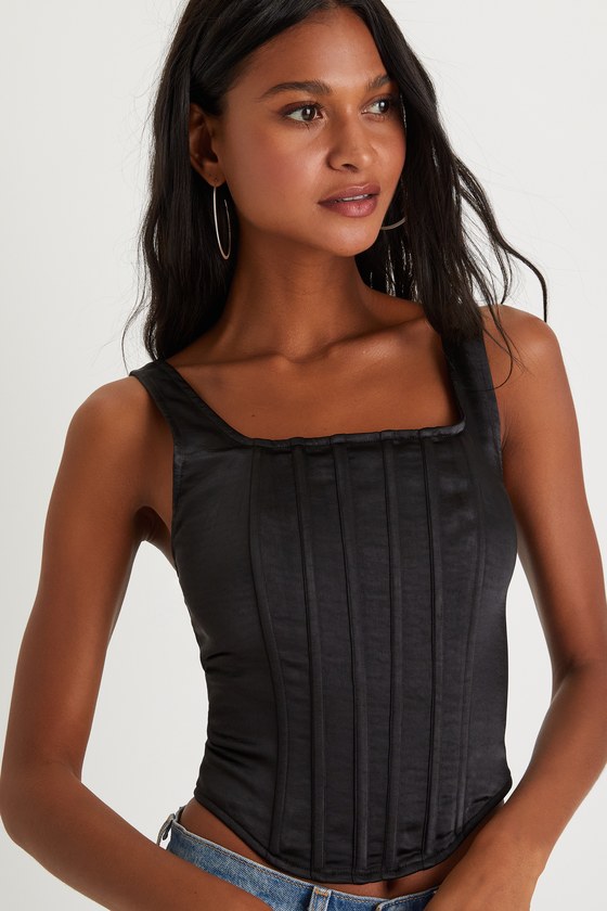 Sexy Black Satin Top - Bustier Tank Top - Cropped Tank Top - Lulus