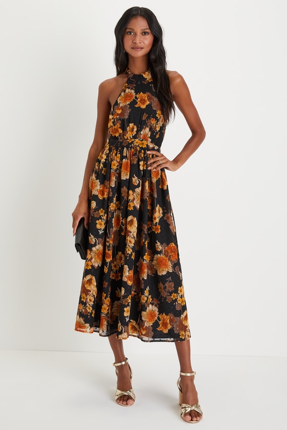 Black Floral Print Dress Halter Midi Dress Swiss Dot Dress Lulus