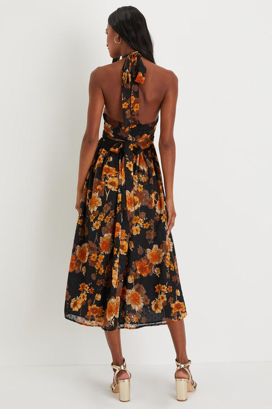 Black Floral Print Dress - Halter Midi Dress - Swiss Dot