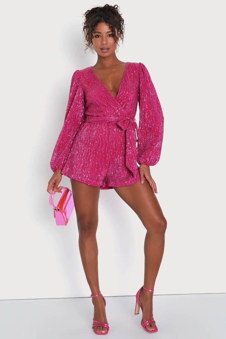 Glamorous Presence Hot Pink Sequin Long Sleeve Surplice Romper