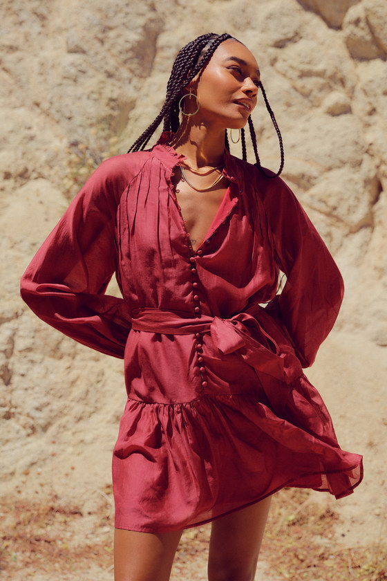 Red Balloon Sleeve Dress - Button-Front Mini Dress - Mini Dress - Lulus