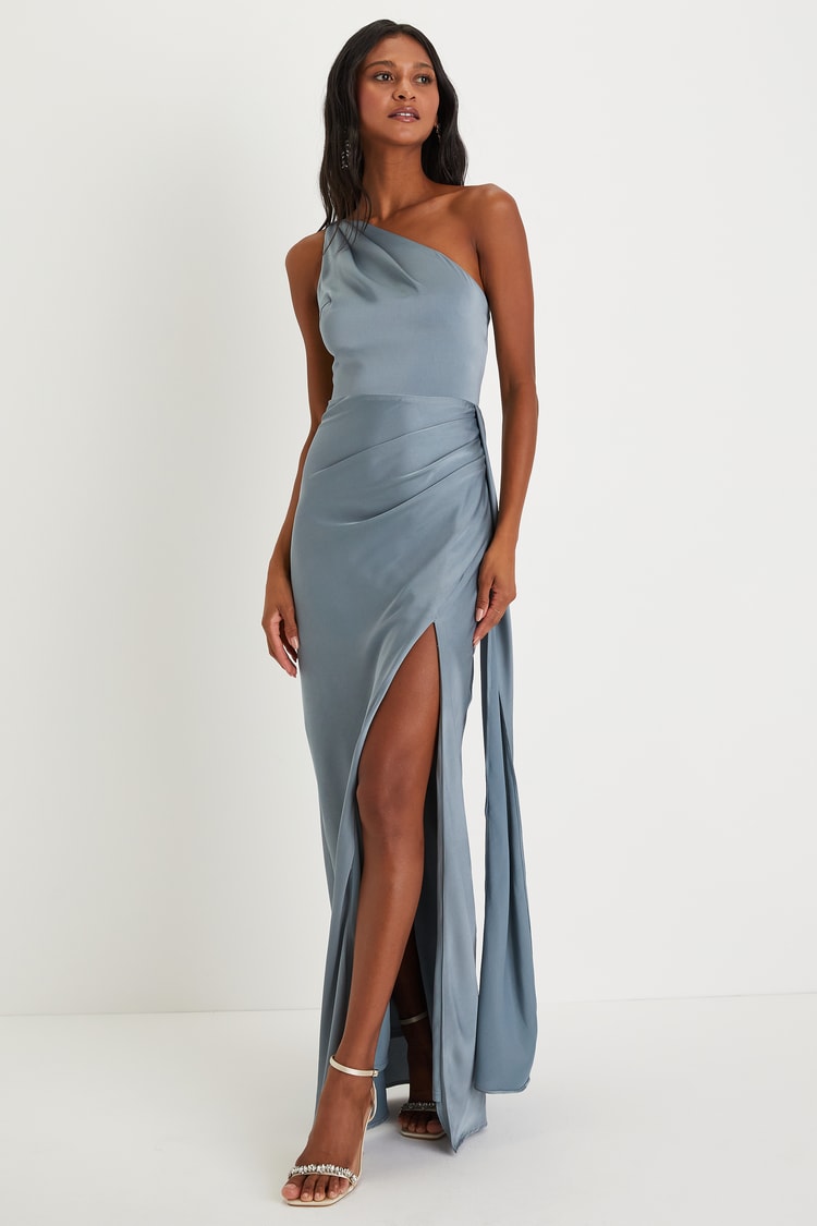 Slate Blue Satin Dress - Pleated Maxi Dress - One-Shoulder Dress