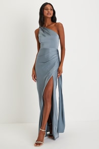 Signature Elegance Slate Blue Satin One-Shoulder Maxi Dress