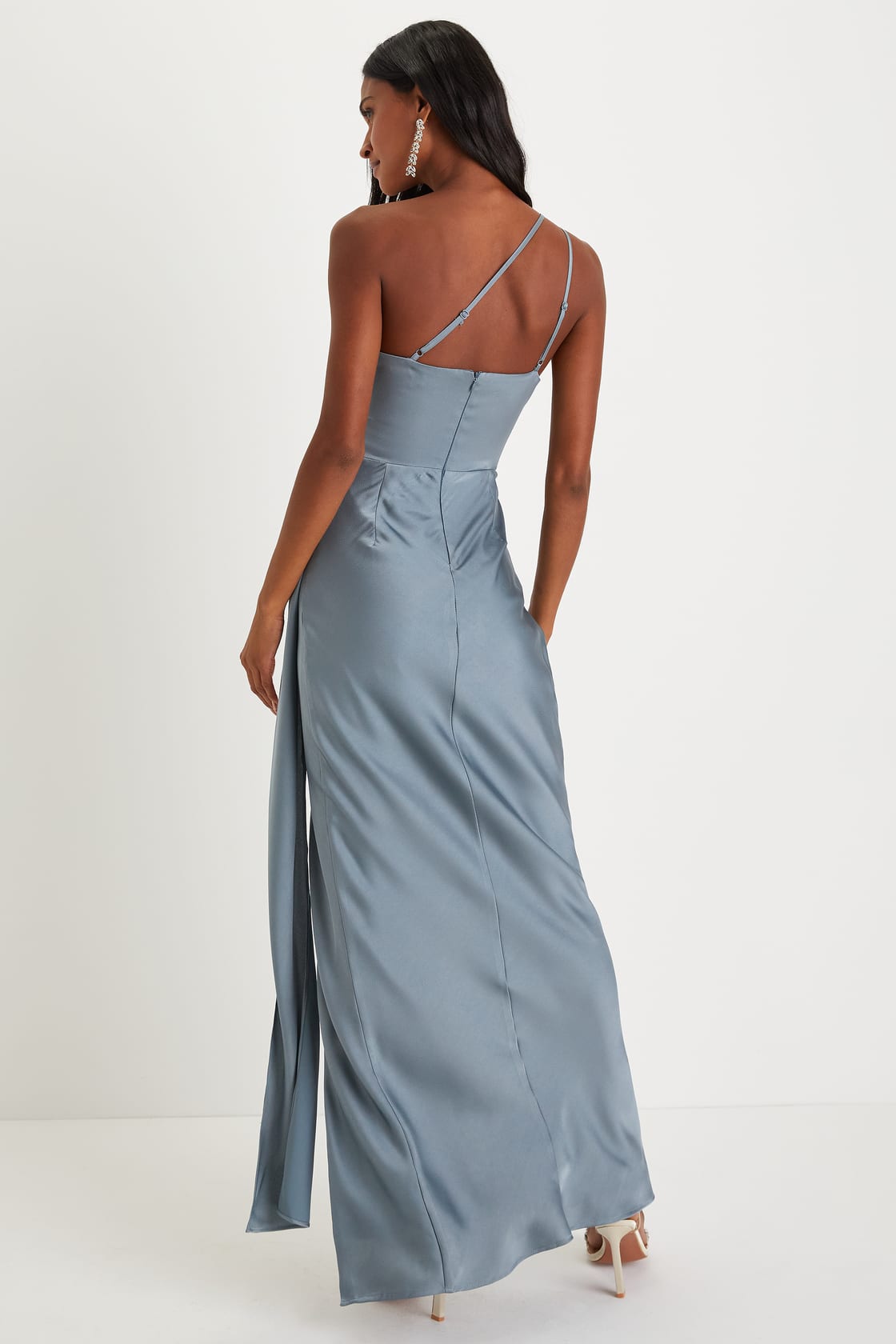 Signature Elegance Slate Blue Satin One-Shoulder Maxi Dress