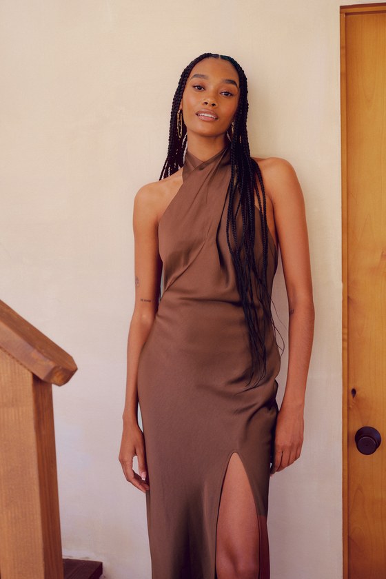 Fine Stretch Woven Halter Neck Fitted  Midi Dress-Brown