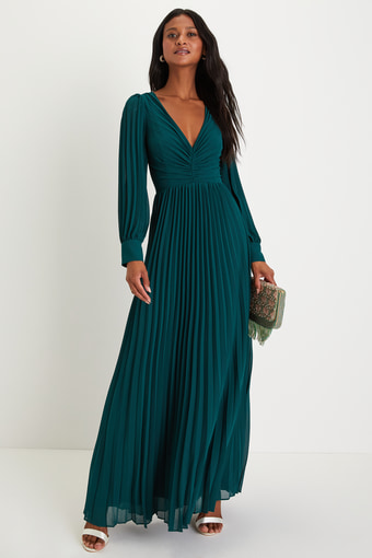 Sophisticated Grace Emerald Green Pleated Long Sleeve Maxi Dress
