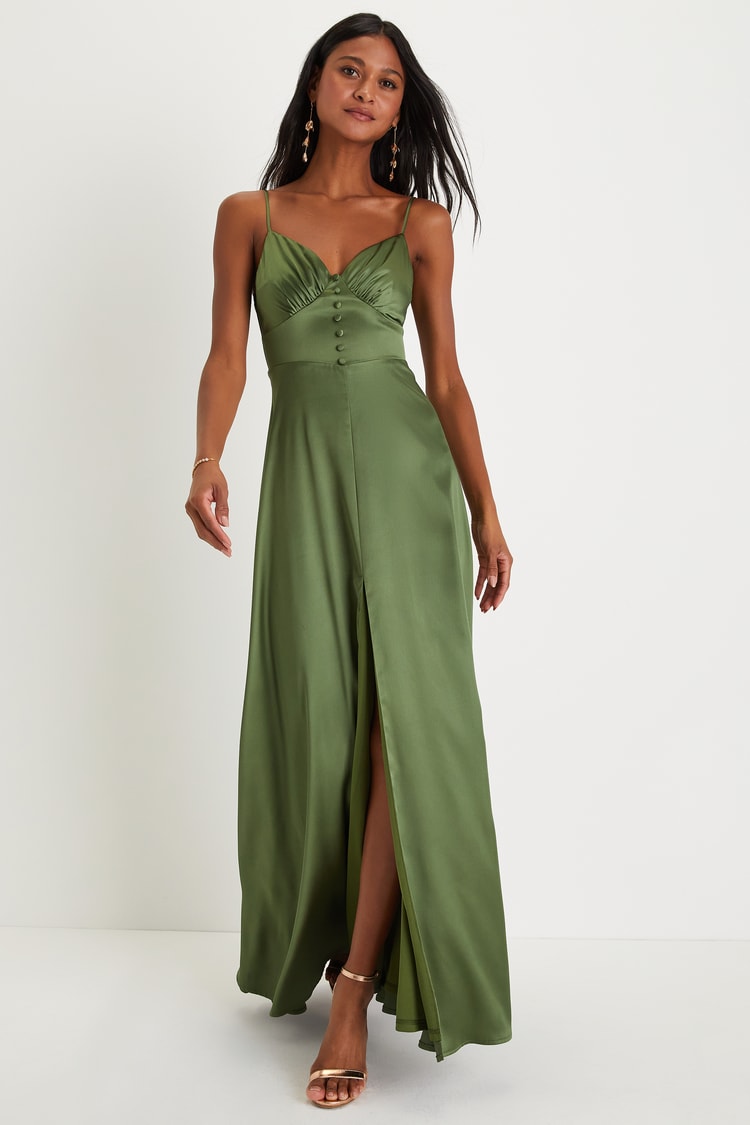 Refined Perfection Olive Green Satin Sleeveless Maxi Dress