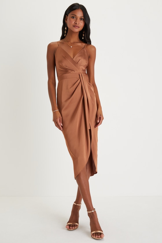 Lulus Fabulous Affair Bronze Satin Surplice Tulip Midi Dress In Brown