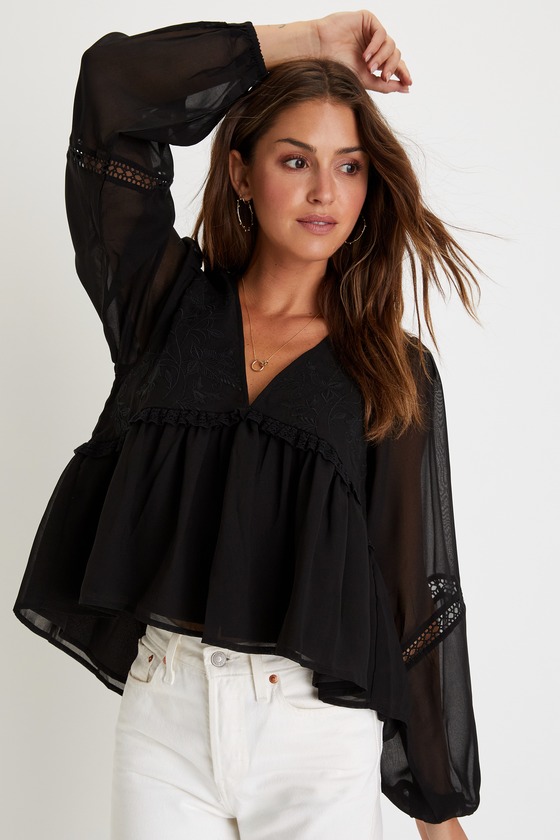Black Peplum Top Long Sleeve Top Black Embroidered Top Lulus