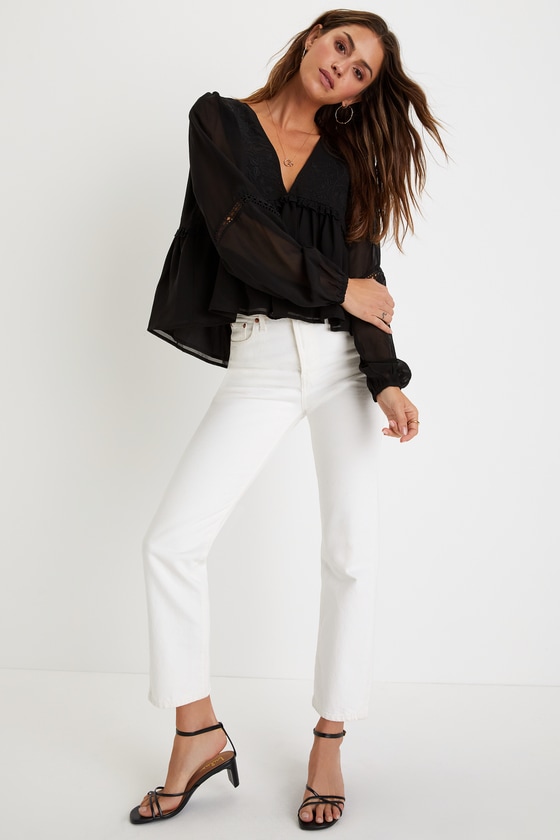 Women Black Elegant Round Neck Long Sleeve Peplum Top