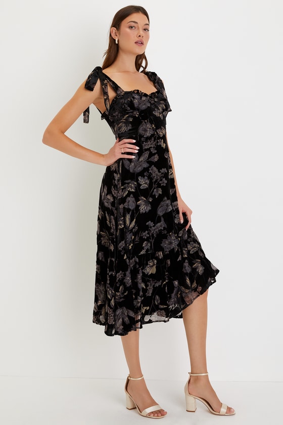 Black Velvet Dress - Floral Burnout Dress - Tie-Strap Midi