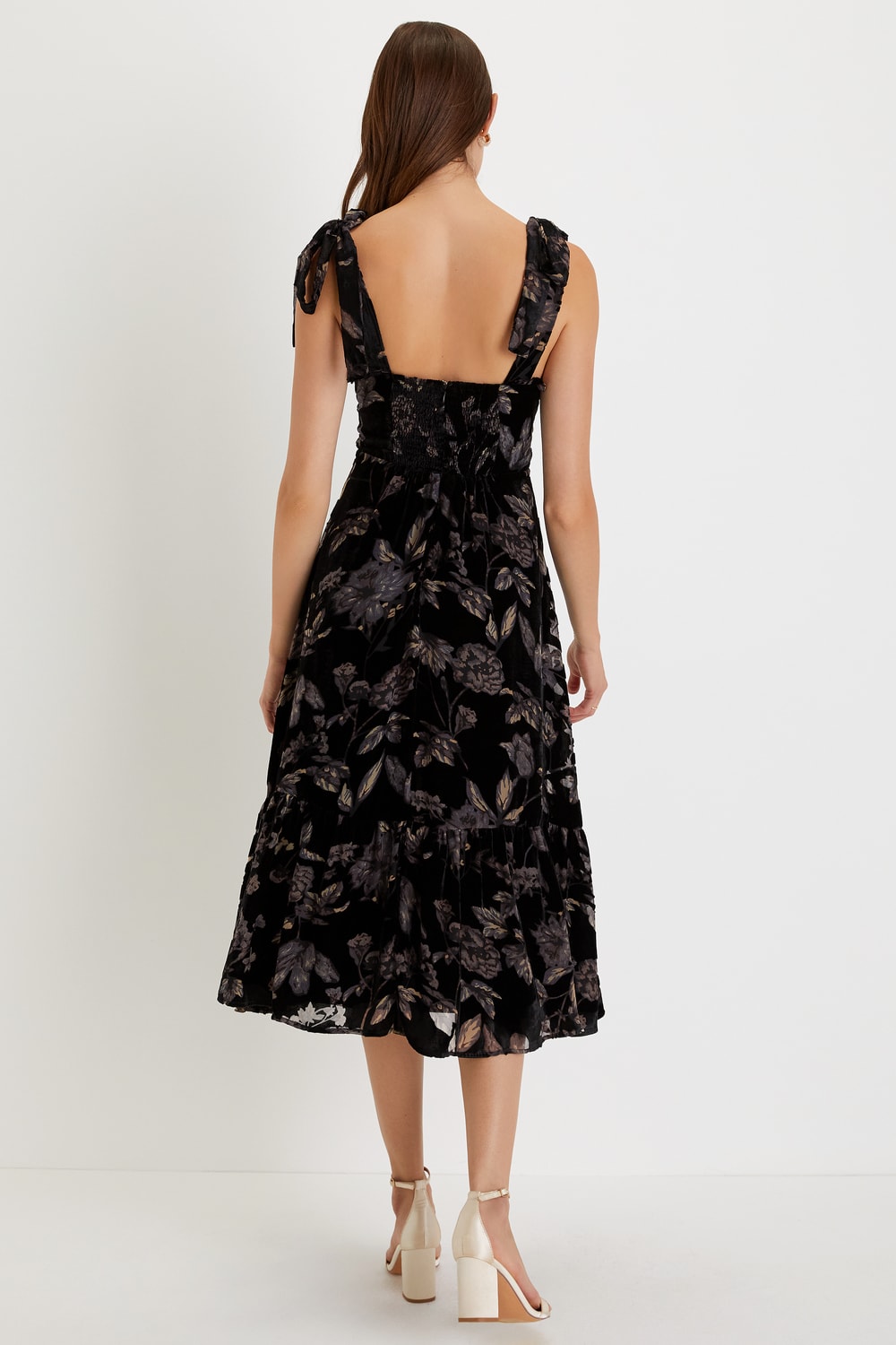Sweetest Era Black Floral Velvet Burnout Tie-Strap Midi Dress