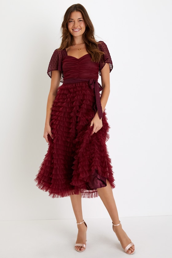 Lulus Stunning Delight Burgundy Tulle Swiss Dot Tiered Midi Dress