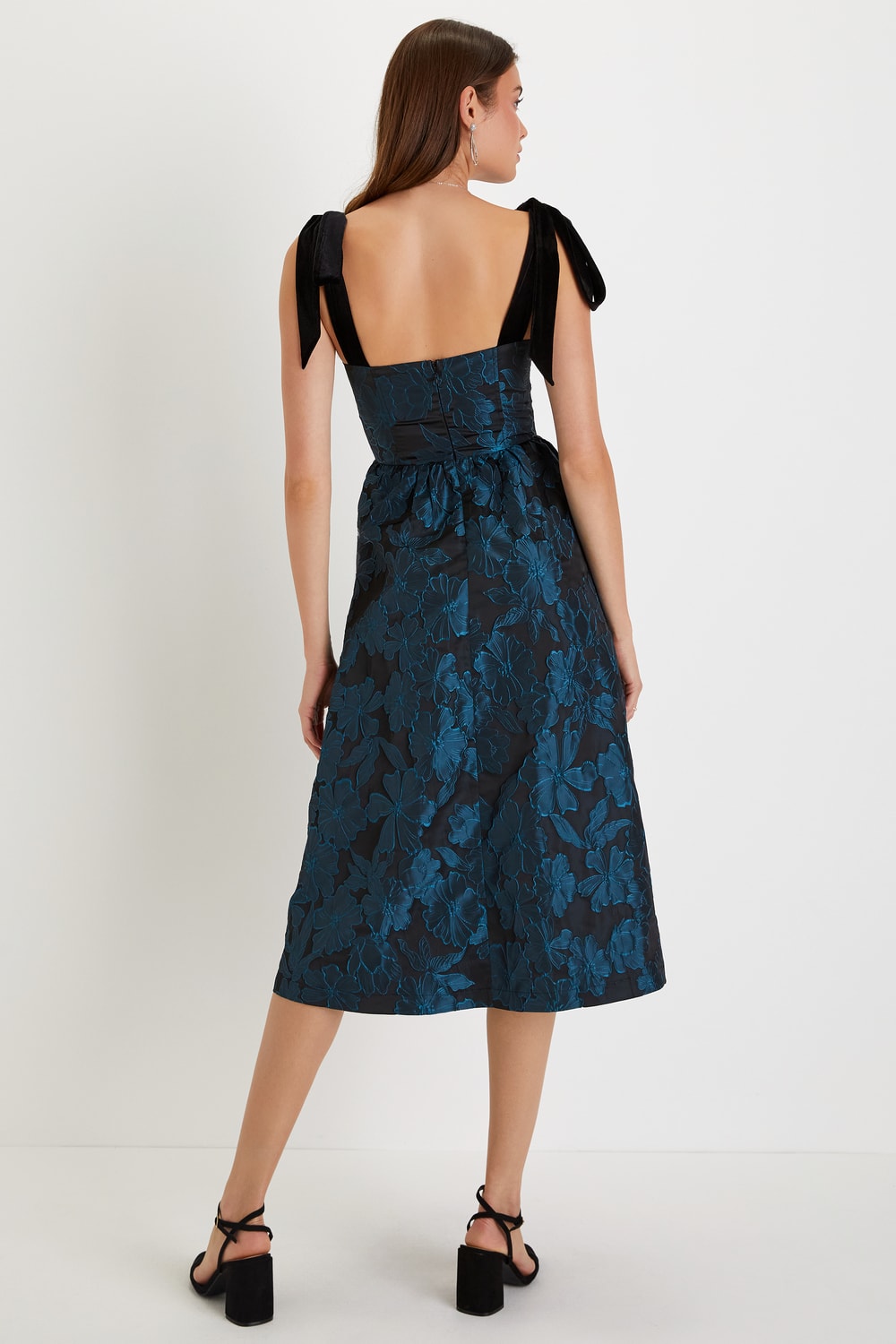 Beyond Graceful Black Floral Jacquard Velvet Tie-Strap Midi Dres