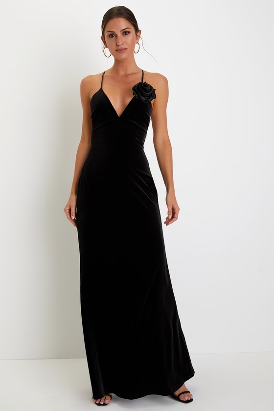 Sexy Black Velvet Dress - Rosette Maxi Dress - Lace-Up Maxi Dress - Lulus