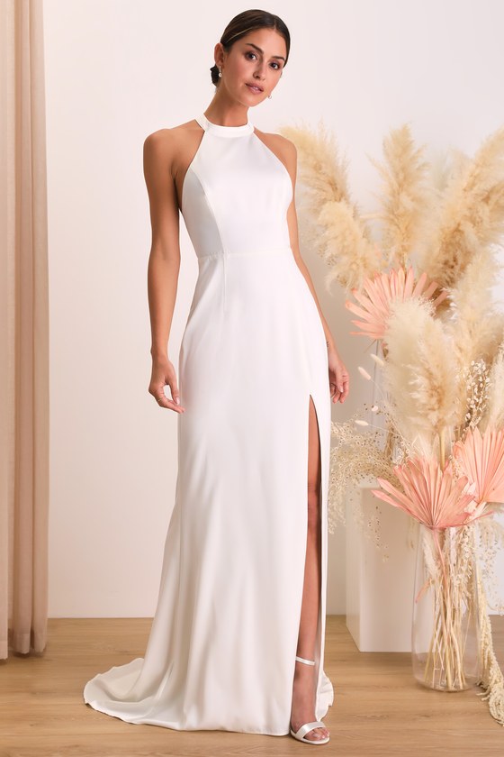 Lulus Radiant Adoration White Satin Lace Backless Halter Maxi Dress