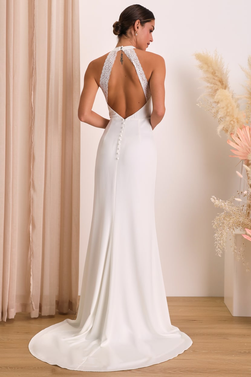 White Satin Maxi Dress - Lace Backless Dress - Halter Maxi Dress - Lulus