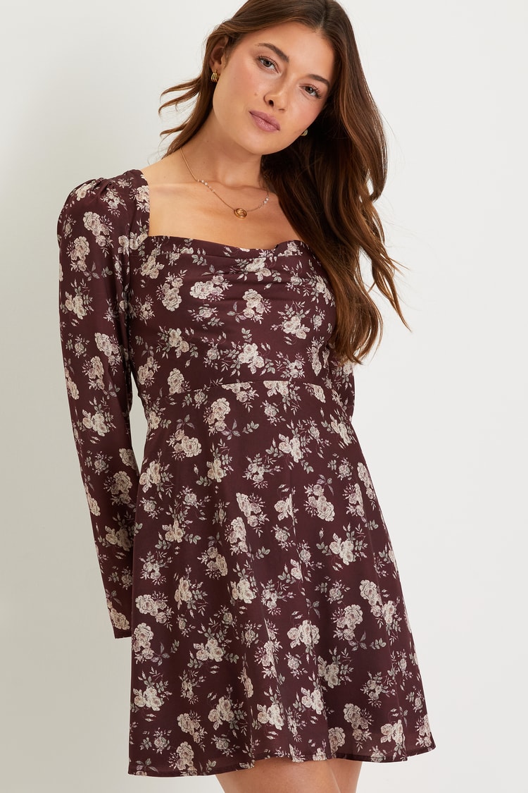 Burgundy Floral Dress - Satin Mini Dress - Cutout Dress - Lulus