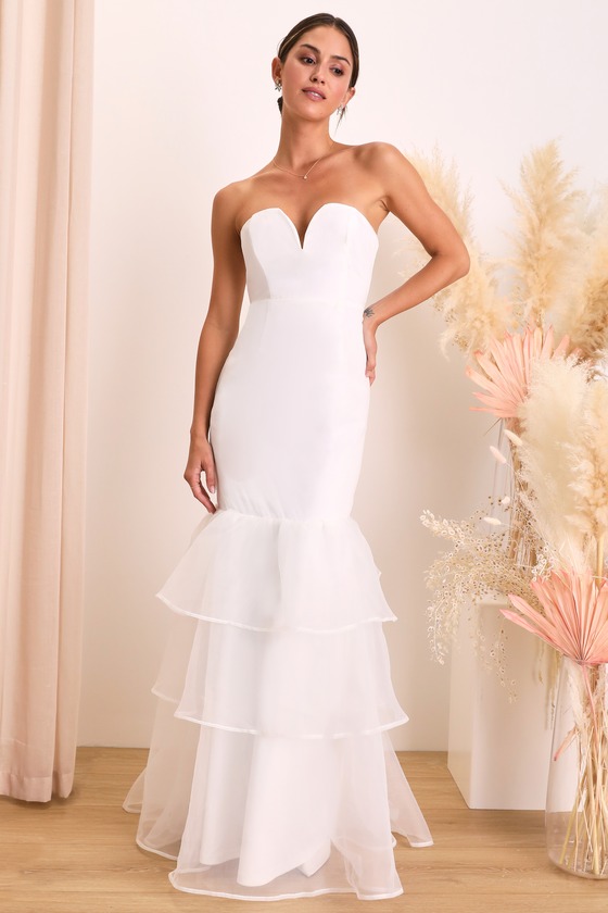 Lulus Forever Passionate White Organza Strapless Tiered Maxi Dress