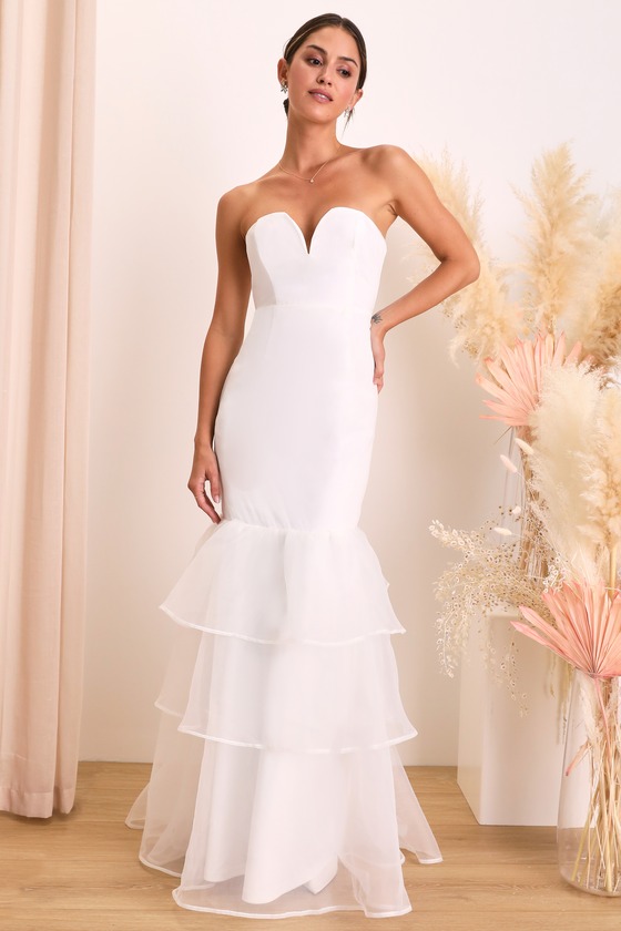 White Organza Gown - Tiered Maxi Dress - Strapless Trumpet