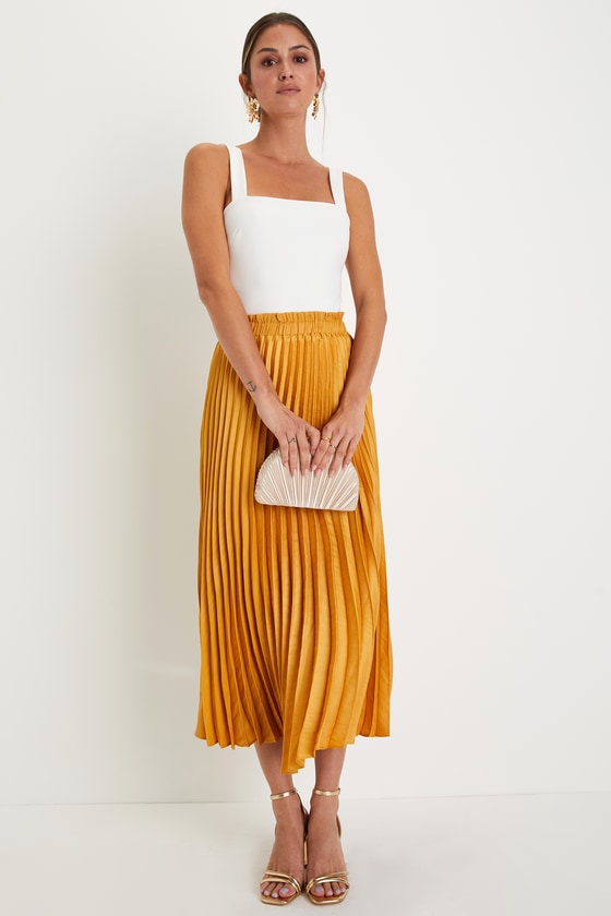 Breezy Spirit Marigold Satin Pleated High-Rise Midi Skirt 2