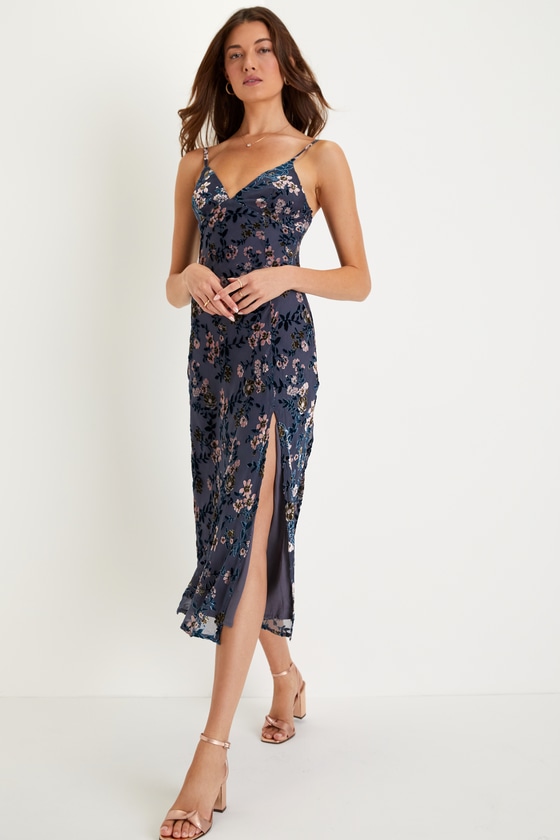 Slate Blue Midi Dress - Floral Burnout Dress - Velvet Midi Dress - Lulus
