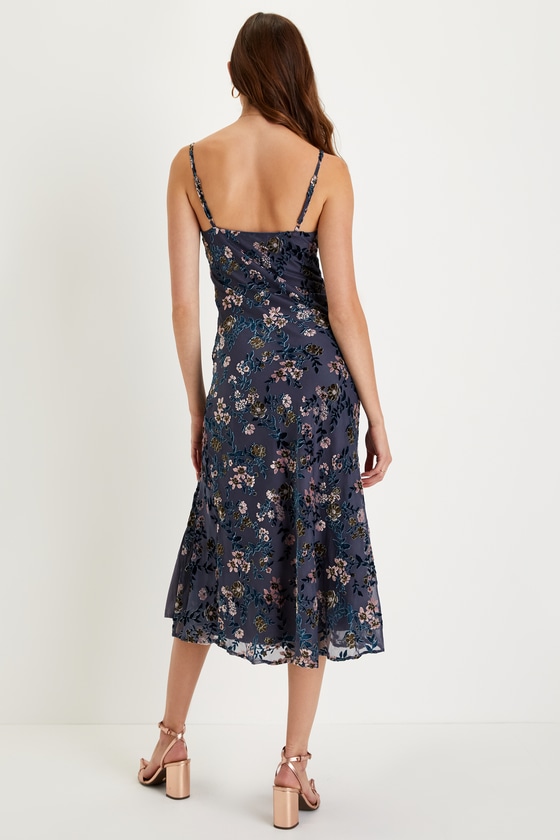 Slate Blue Midi Dress - Floral Burnout Dress - Velvet Midi Dress - Lulus