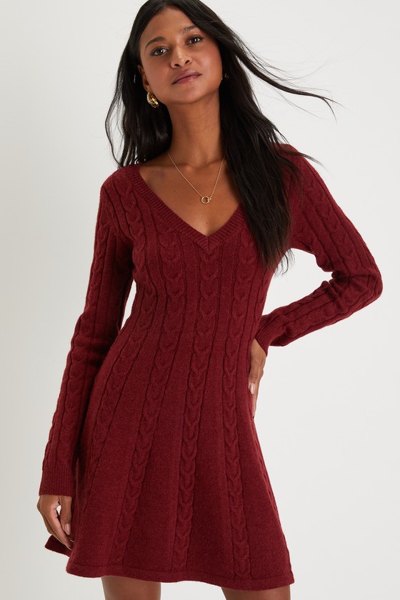Burgundy Cable Knit Dress Sweater Mini Dress A Line Dress Lulus