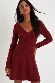 Sweetly Seasonal Burgundy Cable Knit Sweater Mini Dress