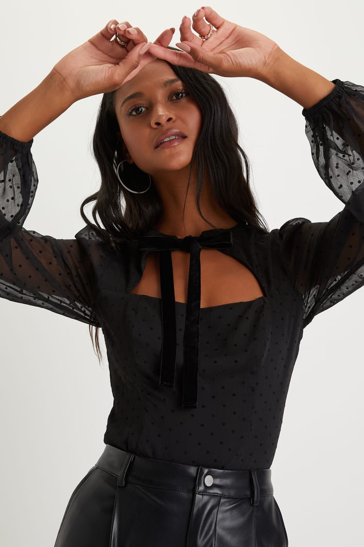 Chic Black Bodysuit - Swiss Dot Bodysuit - Tie-Front Bodysuit - Lulus