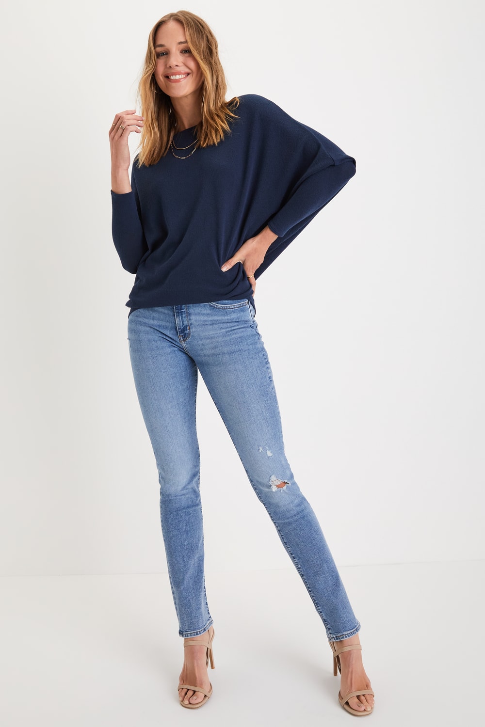 Verla Navy Blue Dolman Sleeve Sweater Top
