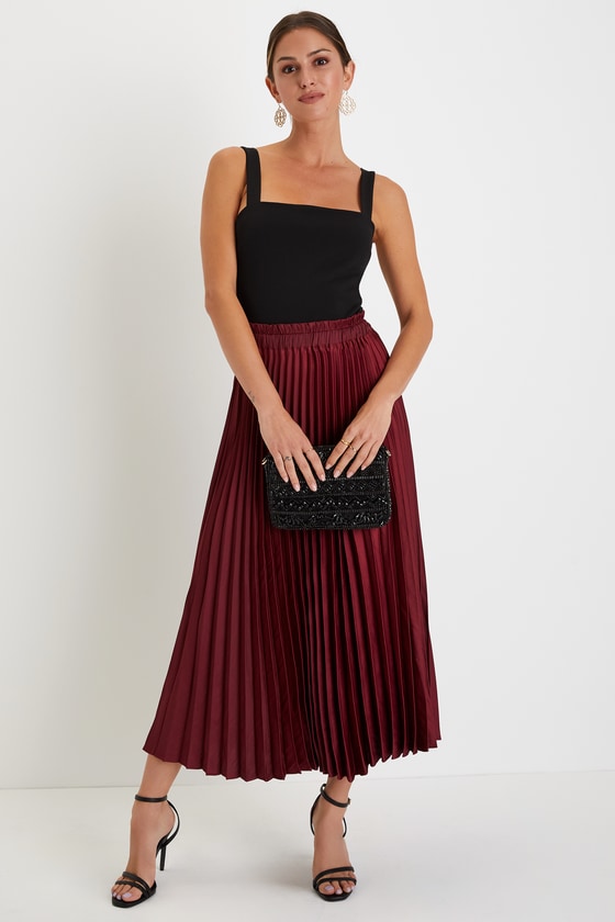 Breezy Spirit Burgundy Satin Pleated High-Rise Midi Skirt 1
