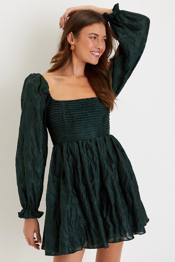 Emerald Jacquard Dress - Puff Sleeve Mini Dress - Backless Emerald Jacquard Dress - Puff Sleeve Mini Dress - Backless