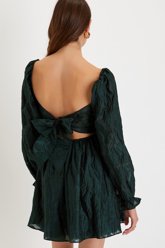 Emerald Jacquard Dress - Puff Sleeve Mini Dress - Backless Emerald Jacquard Dress - Puff Sleeve Mini Dress - Backless