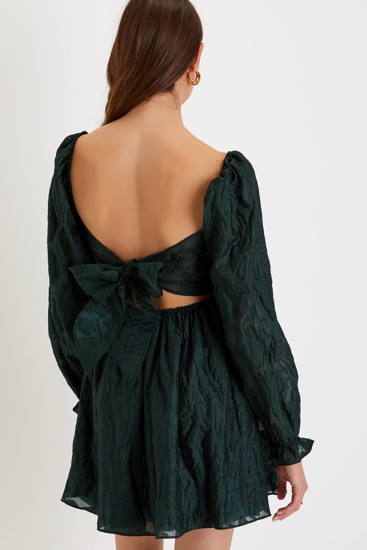 Darling Persona Emerald Green Jacquard Puff Sleeve Mini Dress