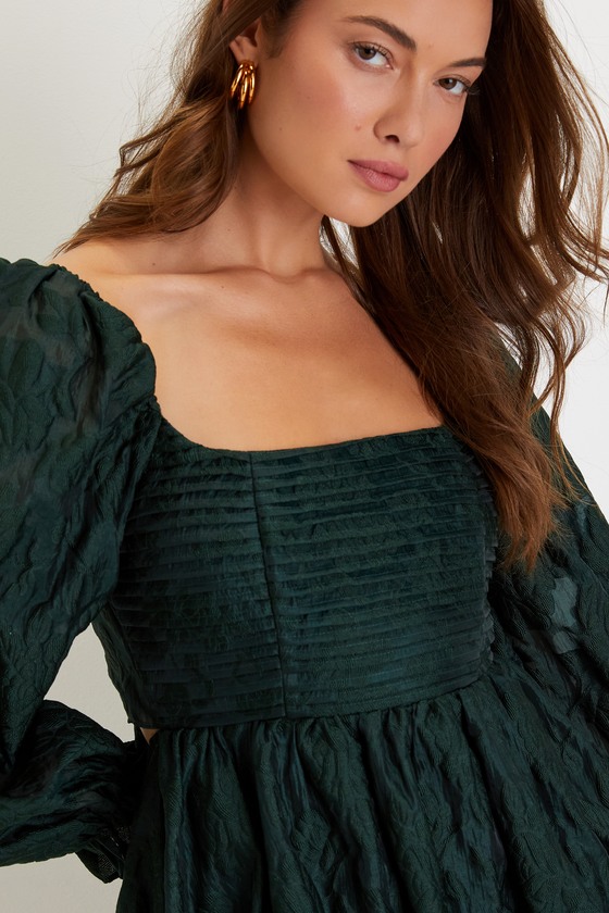 Emerald Jacquard Dress - Puff Sleeve Mini Dress - Backless Dress - Image 4