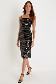 Shining Occasion Black and Gold Paillette Sequin Midi Dress