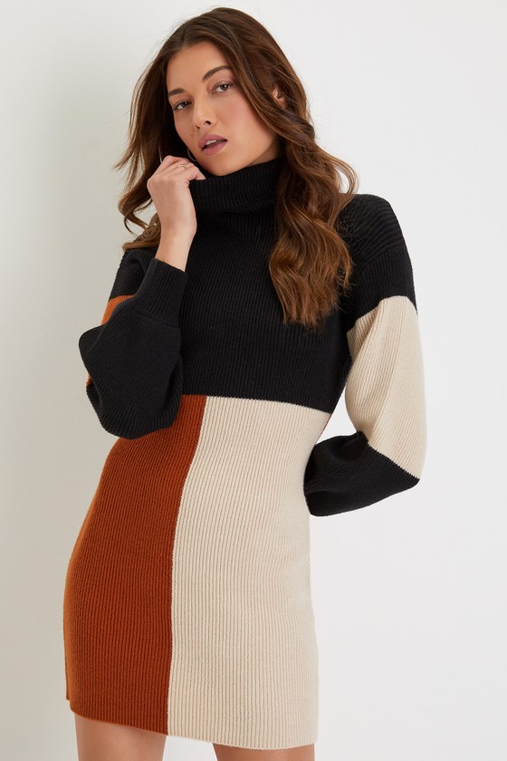 Lulus Mod For You Black Color Block Turtleneck Mini Sweater Dress In Multi