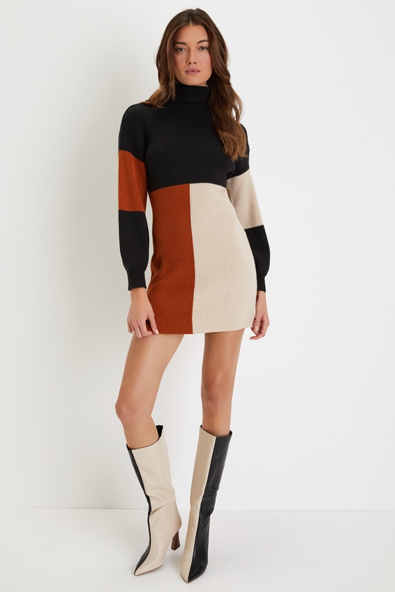 Trendy Hallow Out Wrap Mini Black Turtleneck Dress main image 1
