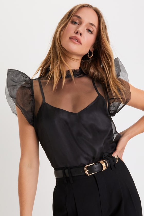 Black Sheer Organza Top - Ruffled Top - Sheer Short Sleeve Top - Lulus