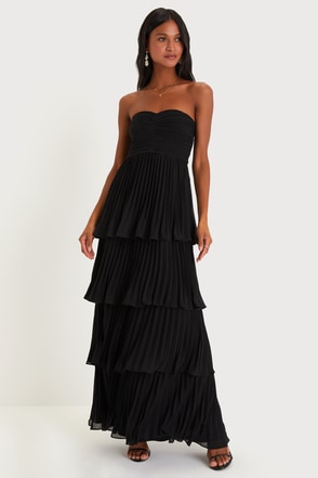 Black Maxi Dress - Pleated Maxi Dress - Strapless Tiered Dress - Lulus